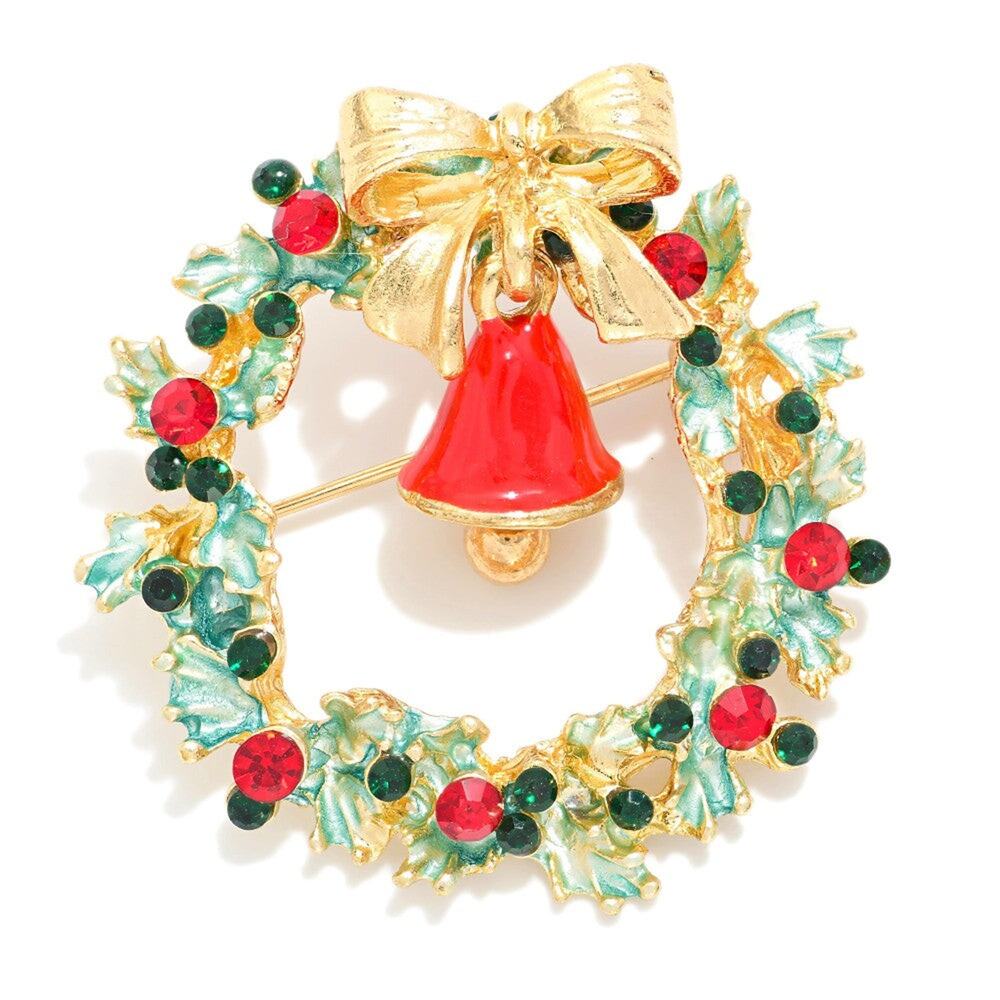 Christmas Wreath With Hanging Bell Pin Brooch